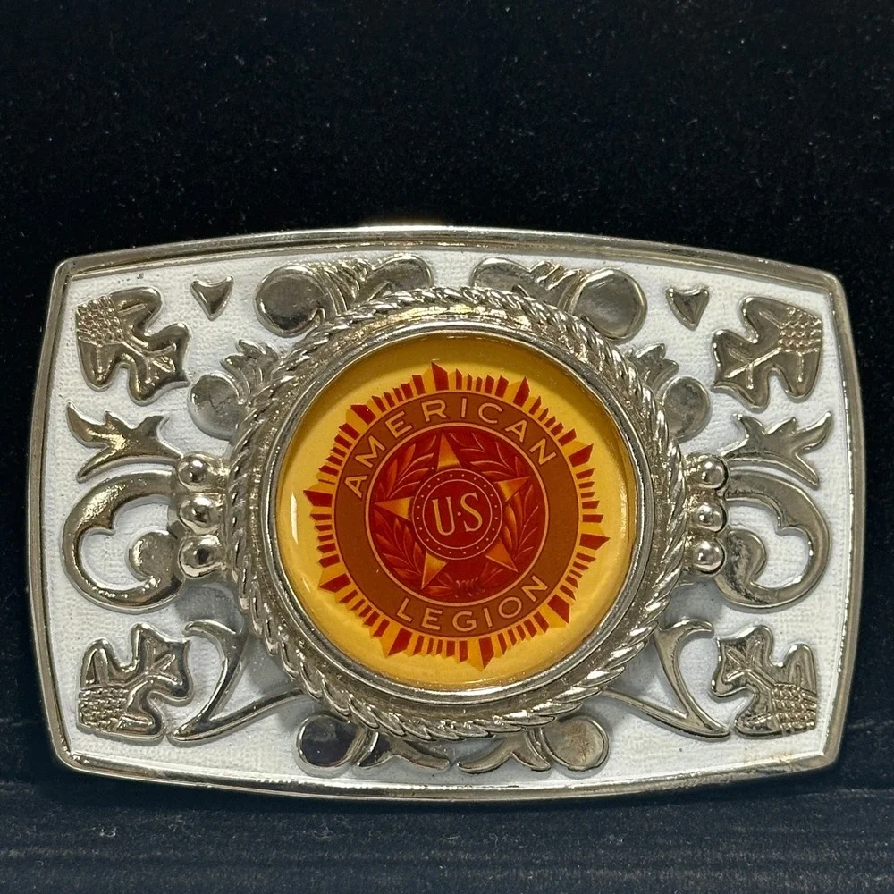 Vintage American Legion Belt Buckle US Veterans Military Emblem Ornate Silver
